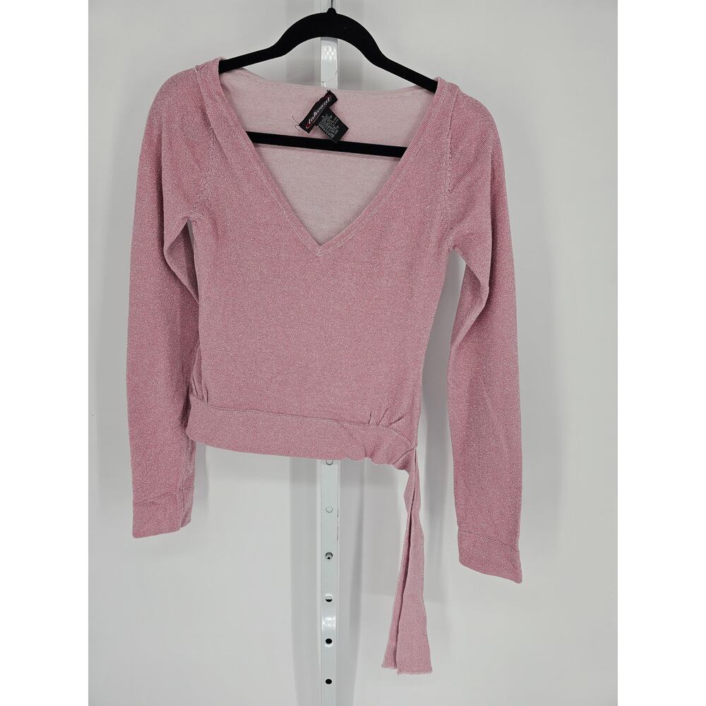 Y2K Takeout Women's Pink Cotton Blend V-Neck Tie Hem Long Sleeve Blouse Size L